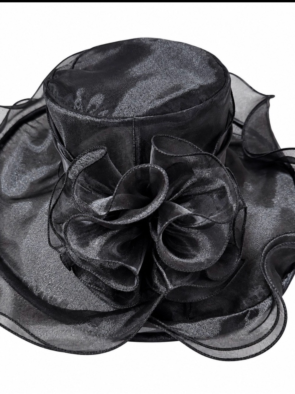 Black Organza Wide Brim Ruffle Flower Dress Church Kentucky Derby Hat